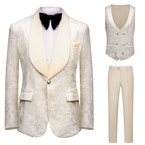 Men's 3 Piece Floral Jacquard Tuxedo Suit Shawl Lapel Wedding Party Blazer Vest Pant Outfit for Homecoming Party Prom