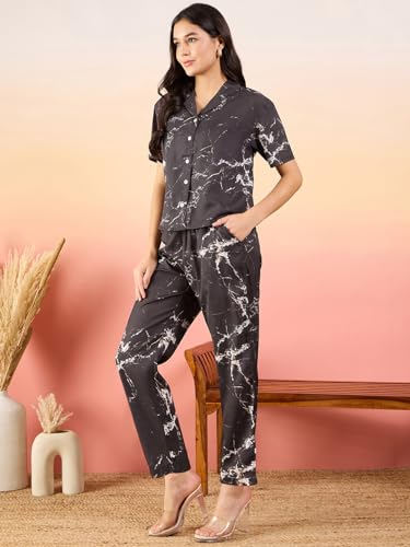 Image of Modeve Women Shirt Pant Navy Abstract Print Co-Ord Set