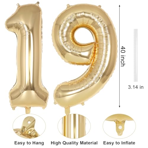 Image of Champagne Gold Large Number 19 Balloon, 40 Inch Light Gold Foil Helium Number Balloons, Giant Mylar Number 19 Balloons for 19 Years Old Birthday Party Anniversary Decorations (Champagne Gold 19)