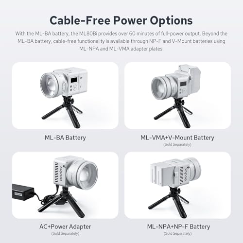 Image of Godox ML80Bi COB Video Light w /95Wh Detachable Battery, Brighter Bi-Color Led Video Light 29600lux@5600K 1m, CRI 96, 2800K-6500K,11FX, Dimming 0%~100%, Portable Continuous Output Lighting Photography