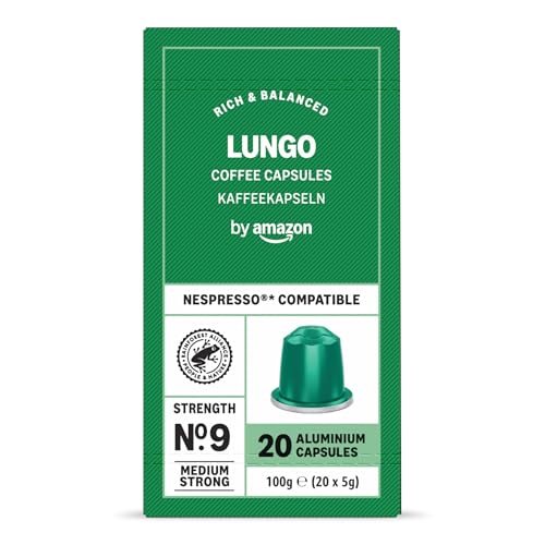 by Amazon Lungo Aluminium Coffee Capsules Compatible with Nespresso Medium Roast 20 Count - Rainforest Alliance Certified