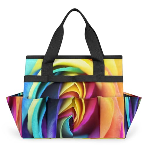 Colorful Rainbow Rose Garden Tool Bag Waterproof Gardening Tool Storage Bag with Handle & 10 Pockets Gardening Tote Bag for Women Garden Tool Organizer
