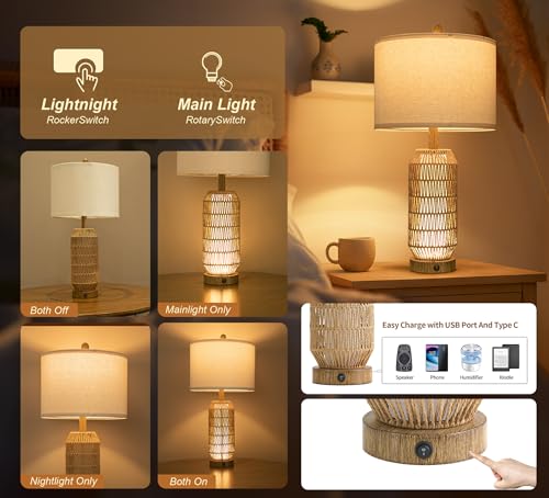 Image of OYEARS 25 inch Table Lamps Set of 2 with Night Light,Bedside Lamps for Bedroom,Boho Lamps with USB C+A Charging Ports,Farmhouse Table Lamp with Rattan,Frosted Glass,Linen Shade (Wood Grain,Bulb Included)