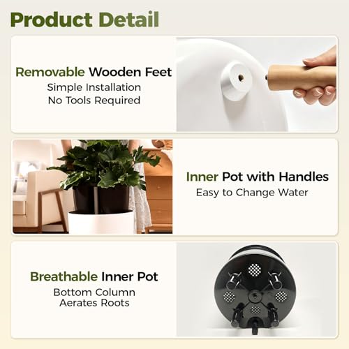Bamworld Self Watering Pots for Indoor Plants with Water Level Indicator 12 inch Plant Pot Plastic Planter with Wooden Stand for Outdoor Plants Modern Décor for Porch Patio White Large by Bamworld - Image 5