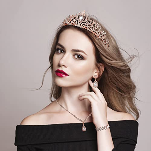 CIEHER 4/5 Pieces Women Jewelry Set - Rhinestone Crown + Drop Necklace + Elegant Bangle Bracelet + Crystal Teardrop Dangle Earrings for Bridal Wedding Party by CIEHER - Image 2