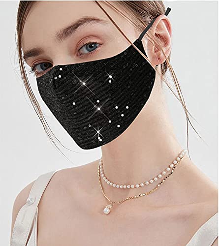 Image of Sparkly Sequins Mouth Masc Fashion Designer Glitter Cotton Face Cover With Adjustable Ear Loops Reusable Masquerade Party Nightclub Rave Festival Sequins Face Covering (Black)