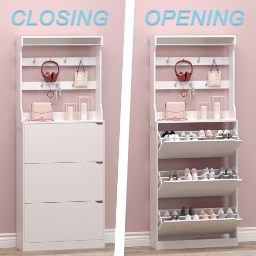 Shoe Cabinet with 3 Flip Drawers & Coat Rack, Narrow Hidden Shoe Storage Cabinet, 2-in-1 Hall Tree Slim Freestanding Shoe Rack Organizer for Entryway, Hallway, and Living Room