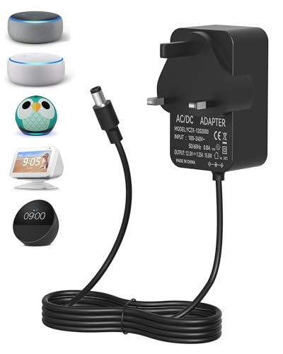 Binamao 12V 1.25A 15W Power Supply Charger Compatible with Echo Dot (3rd/4th/5th Gen) Echo Dot with 3/4 Gen Echo Dot Kids Edition 3/4 Gen Echo Show 5 (1/2Gen) Echo Spot Fire TV Cube 1.5M Cord - Black