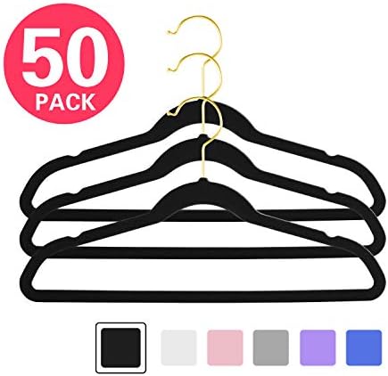 MIZGI Premium Kids Velvet Hangers (Pack of 50) 14" Wide with Gold Hooks,Space Saving Ultrathin,Nonslip Hangers use for Petite Junior Children's Skirt Dress Pants,Clothes Hangers (Black)