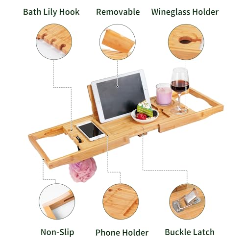 Utoplike Bamboo Bathtub Caddy Tray Badewanne Tablett für Wanne, verstellbare Badezimmer Badewanne Veranstalter mit Buch Tablet Wein Glas Tasse Handtuchhalter (63-95 cm)