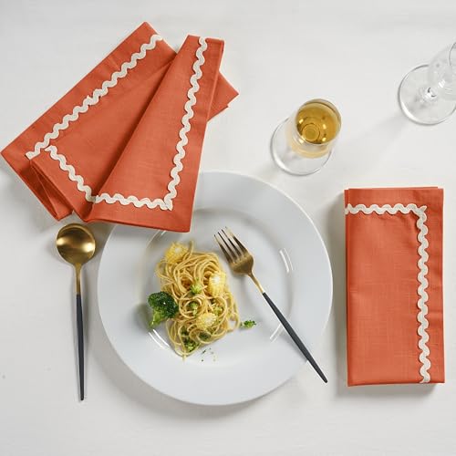 Image of FINGERCRAFT Cloth Napkins Set of 6, 18x18 Inch, 100% Cotton Table Napkins with RIC Rac Scallop Lace Trim, Reusable Washable Dinner Napkins for Wedding, Party, Dining & Home Decor (Rust)
