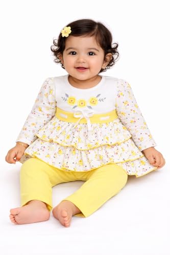Image of NammaBaby Premium Baby Girls Full Sleeves Frock with Pant Baby Girl's Cotton Frock with Leggings, Frill Frock - Pack of 1