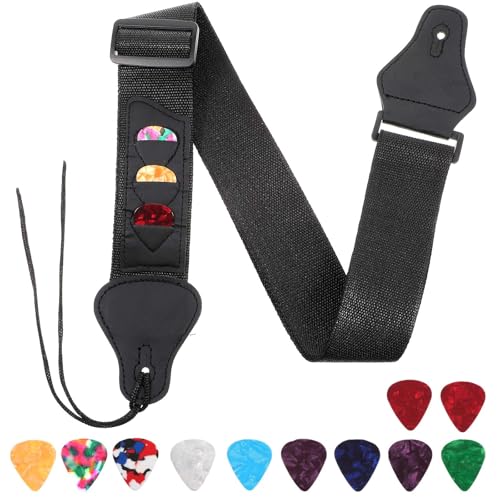 Wanmu Gitarrengurt, Verstellbare Geflochtene Bass E-Gitarre Gurte mit 3 Lederenden Ende 10 Plektrumhaltern für Westerngitarre, Akustikgitarre (Schwarz)