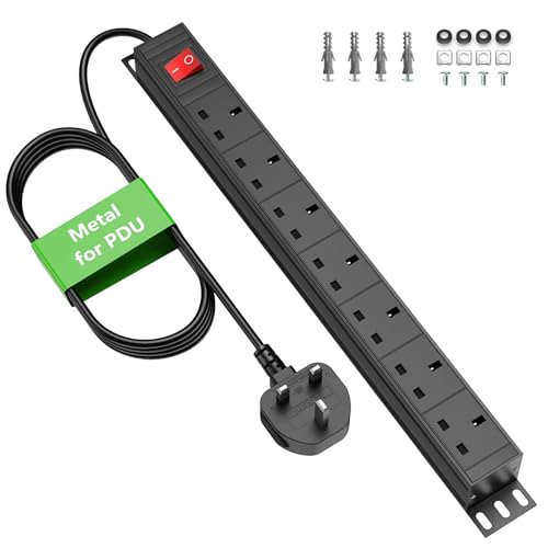 7 Way Extension Lead Surge Protection with Switch Wall Rack Mounted Power Strip for 19-inch Rack Office Workshop and Industrial Use Metal Housing 180 Mounting Bracket 1.8M Cable Black