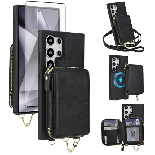 Phone Case for Samsung Galaxy S24 Ultra 5G Wallet Zipper Handbag Cover Screen Protector Crossbody Lanyard Strap 2-in-1 Magnetic Detachable RFID Blocking S24Ultra 24S S 24 24Ultra Women Men Black