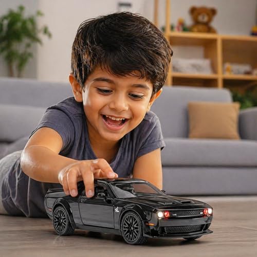 Image of DREAMY DEN Dodge Challenger Toy Car for Kids 3+ Years | 1:32 Diecast Metal Pull Back Car with Sound & Lights | Openable Doors Racing Car Model (1:32 Dodge Challenger-Black)