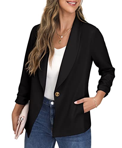 GRECERELLE Womens Blazer Suit Open Front Cardigan Ruched Sleeve Work Office Blazer Jacket with Buttons Pockets (Black, 12)