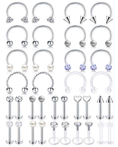 AceFun 16G Argent Piercing lèvre Nez Cartilage Helix Tragus Anneau Boucle d'oreille Anneaux à lèvres Labret Stud Sourcils Anneaux Piercing pour Femmes Hommes Bijoux Cover