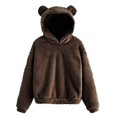 Tekaopuer Sweat à capuche pour femme en polaire - Style décontracté - Avec oreilles d'ours - Couleur unie - Chaud et élégant, 01 Café, L Cover