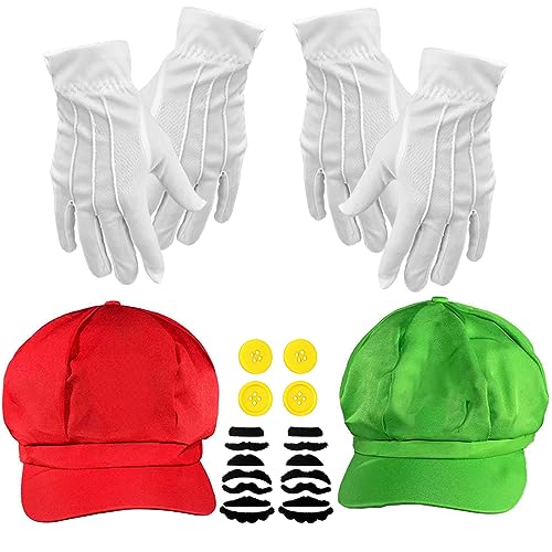 Kit De Disfraz De Mario Y Luigi – Gorros, Guantes, Bigotes Y Botones Para Carnaval, Cosplay Y Halloween