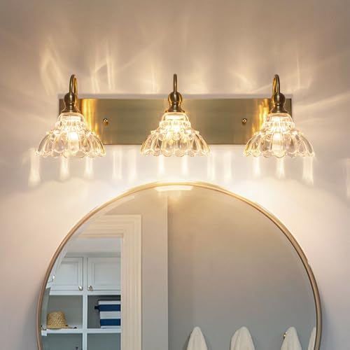 Image of EDISLIVE Vintage Vanity Light for Bathroom Gold 3-Light Bath Wall Light Fixture with Clear Flower Glass Shades 26.38 inch E12 Antique Wall Sconce for Bedroom Hallway Living Room Vanity Mirror