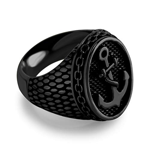 555Jewelry Classic Stainless Steel Rings For Men, Retro Vintage Signet Seal Nautical Pirate Sailor Anchor Ring For Men, Navy Rings For Men, Black, Size 9 #TOP5