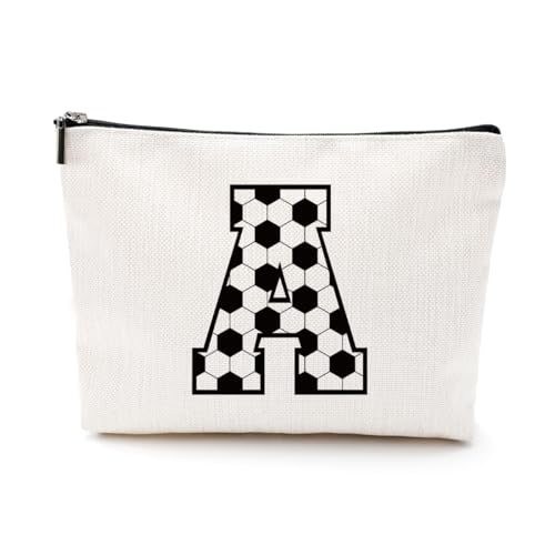 LONGXIN Initial A-Z Letter Makeup Bag - Monogrammed Cosmetic Toiletry Pouch - Personalized Soccer Gift for Women, Mom, Girls, Best Friend, Coach, Team (A)