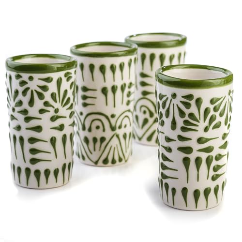Image of Talavera Shot Glasses Set of 4 Authentic Mexican Hand-Painted Tequila Shot Glasses - 2 Oz (Green Lace) Glass