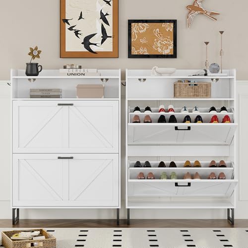 Image of BORNOON Shoe Cabinet with 2 Flip Drawers Narrow Shoe Storage Cabinet Organizer Wooden Freestanding Shoe Rack Hidden Slim Shoes Storage Cabinet for Entryway, Hallway, Bedroom
