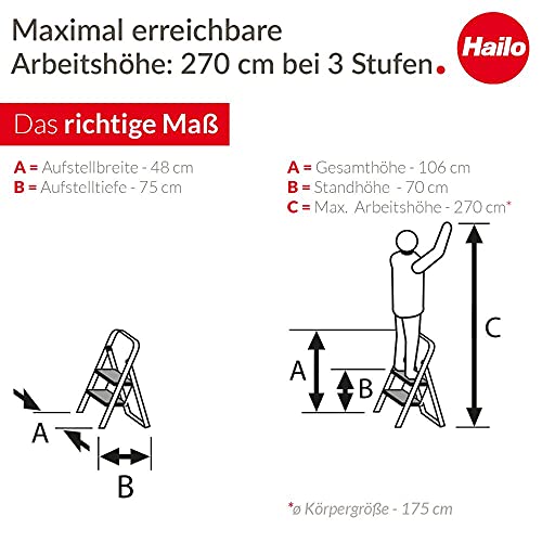 Hailo K70 StandardLine Alu-Klapptritt-Leiter - 3 große Stahl-Stufen mit Anti-Rutsch-Matten belastbar bis 150 kg - Trittleiter mit Klappsicherung - besonders leicht und einfach zu verstauen - Silber