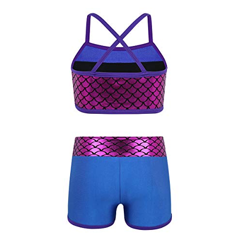 Image of easyforever Kids Girls 2PCS Shiny Mermaid Scales Ballet Dance Outfit Crop Top with Short Tankini Swimsuit