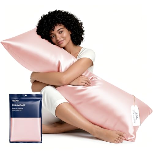 Image of MR&HM Satin Body Pillow Cover, Soft and Breathable Body Pillow Case with Envelope Closure, Cooling and Silky Long Pillowcase for Hair and Skin,Grey (20x54, Light Pink)