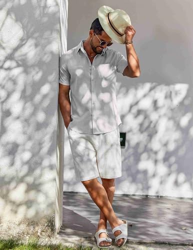 Image of COOFANDY Men's Button Down Short Sleeve Shirt Casual Cotton Summer Beach Wedding Linen Shirts with Pocket