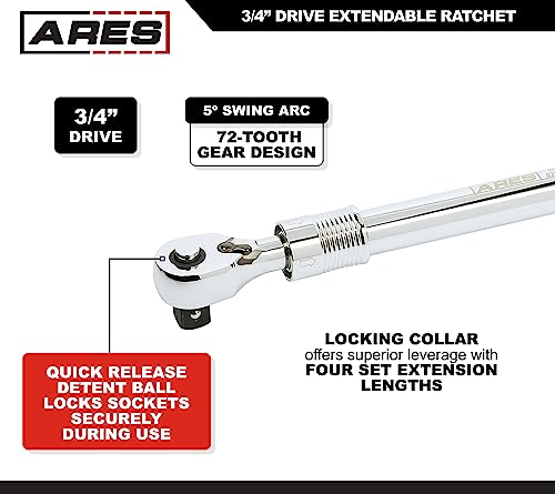 Image of ARES 42078 - 3 /4-Inch Drive Quick Release Extendable Ratchet - 72-Tooth Gear with 5 Degree Sweep - Handle Extends from 19.5 Inches to 30 Inches - Quick Release Drive Tang Locks Socket Securely