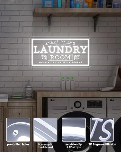 Image of Laundry Neon Sign for Laundry Room, USB Powered Loads Of Fun LED Neon Light, Dimmable Laundry Sign Acrylic Wall Decor Hanging For Home Business Laundry room Bathroom Farmhouse Gift