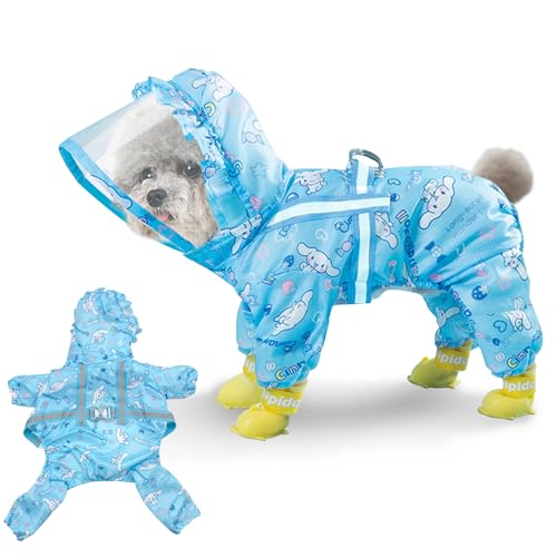Apatal Waterproof Dog Raincoat, Adjustable 4-Legged Dog Rain Jacket with Hood and Leash Hole Reflective Lightweight Outdoor Rain Poncho Gear for Dogs Suitable for Small and Medium Dogs(Blue,Medium)