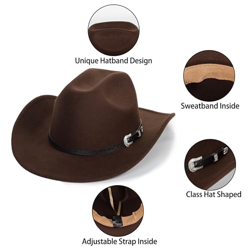 Image of Women-Classic-Western-Cowboy-Shapeable-Hat - Men-Roll-Up-Wide-Brim-Felt-Fedora-Hats-Cowgirl-Hat with Belt Buckle(M-L)