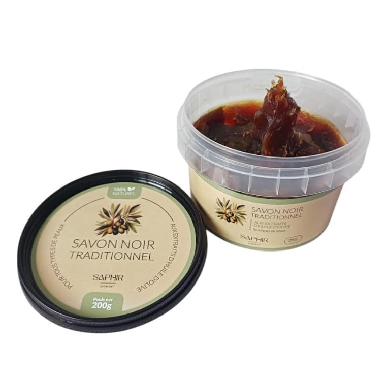 Saphir Savon Noir Tradicional Marroquí, Jabón Negro Natural de Aceite de Oliva, Exfoliante Corporal y Facial, 200g