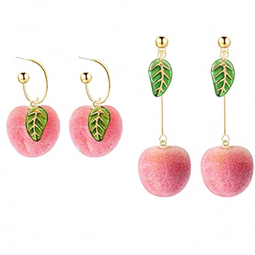 2 Pairs Set Cute Creative Super Lightweight Lifelike Pink Peach With Leaf Dangle Drop Earrings Sets Funny Imtation Charm Fruit Hoop Earrings Jewelry Gifts for Women Girls