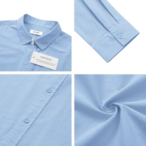 Friptspyg Leinenhemd Herren Hemd Langarm Baumwolle Leinen Hemden Button-Down Freizeithemden Casual Regular Fit Sommerhemd, Himmelblau L 4