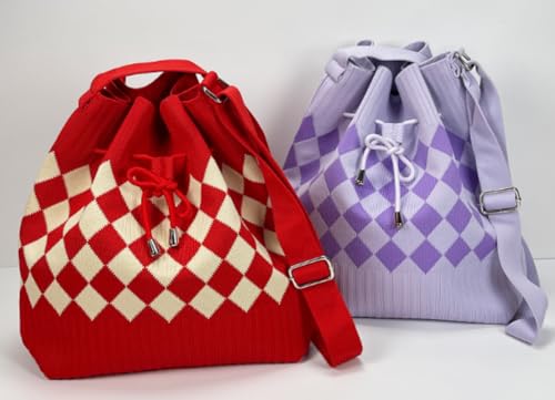 Crochet Checkered Bucket Bag Women Knit Shoulder Tote Hobo Bags Crossbody Purse Summer Beach Bag Drawstring Handbag 2025 7