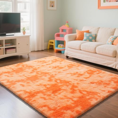 Mottling Orange Fluffy Rug Shaggy Area Rug, 5x8 Area Rugs for Girls Bedroom, Soft Cute Baby Play Mat, Indoor Floor Carpet for Teen, Nursery, Preppy Dorm, Plush Aesthetic Bedside Rug