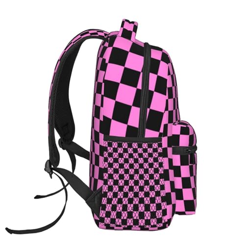 Pink Black Checkered Chessboard Flag Lightweight Backpack Travel Casual Bags for Women or Men 15.7 Inches3