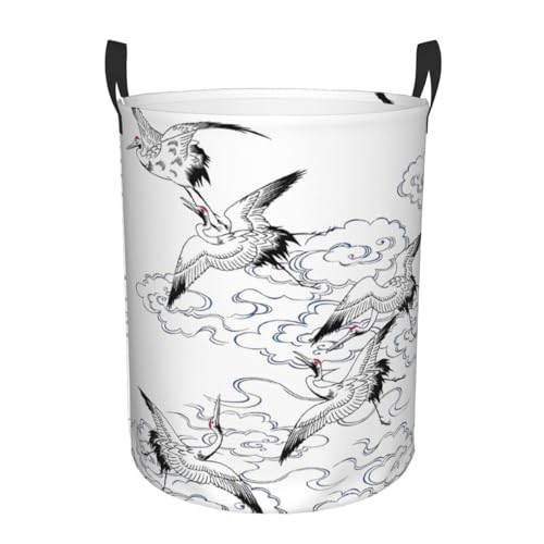 Dongpao Cesta circular con estampado de grúa japonesa, cesta de lavandería, cestas de almacenamiento plegables, almacenamiento de juguetes, ropa, libros, pequeña, color negro