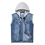Ginsiom Men's Denim Vest,Sleeveless Jean Hooded Jacket Ripped Stretchy Sleeve Less Fashion Battle Vest for Men with Hood(9385Deep Blue,XL)