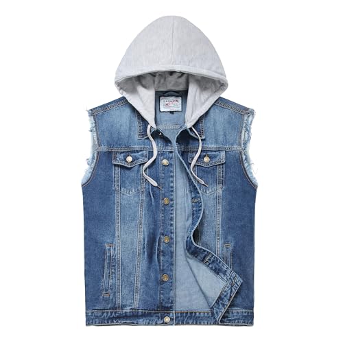 Ginsiom Men's Denim Vest,Sleeveless Jean Hooded Jacket Ripped Stretchy Sleeve Less Fashion Battle Vest for Men with Hood(9385Deep Blue,M)