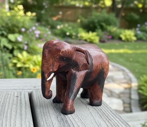 Estatua de elefante tallada a mano de madera, 5 pulgadas miniatura 3