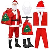 GLOSKIN Weihnachtsmann Kostüm,7-Teiliges Weihnachtskostüm Herren-Set für Erwachsene, mit Nikolaus Bart,Mütze,Schuh, Kleidung,Hosen,Gürtel und Geschenktüten
