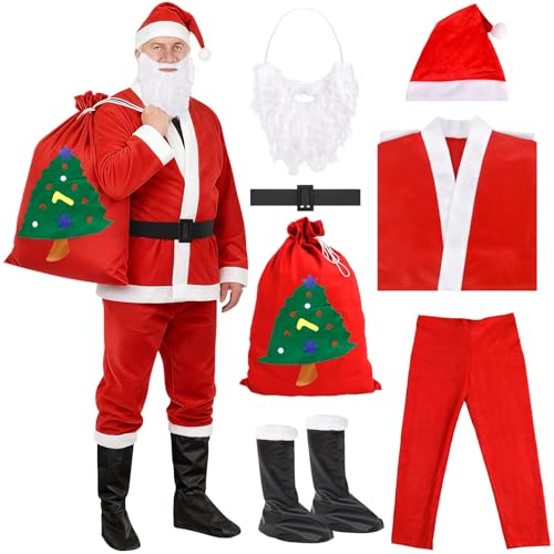 GLOSKIN Weihnachtsmann Kostüm,7-Teiliges Weihnachtskostüm Herren-Set...
