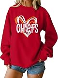 LOTUCY Football Sweatshirt Women Game Day Sweatshirts Football Team Fans Pullover Shirt Heart Graphic Long Sleeve Tops Red